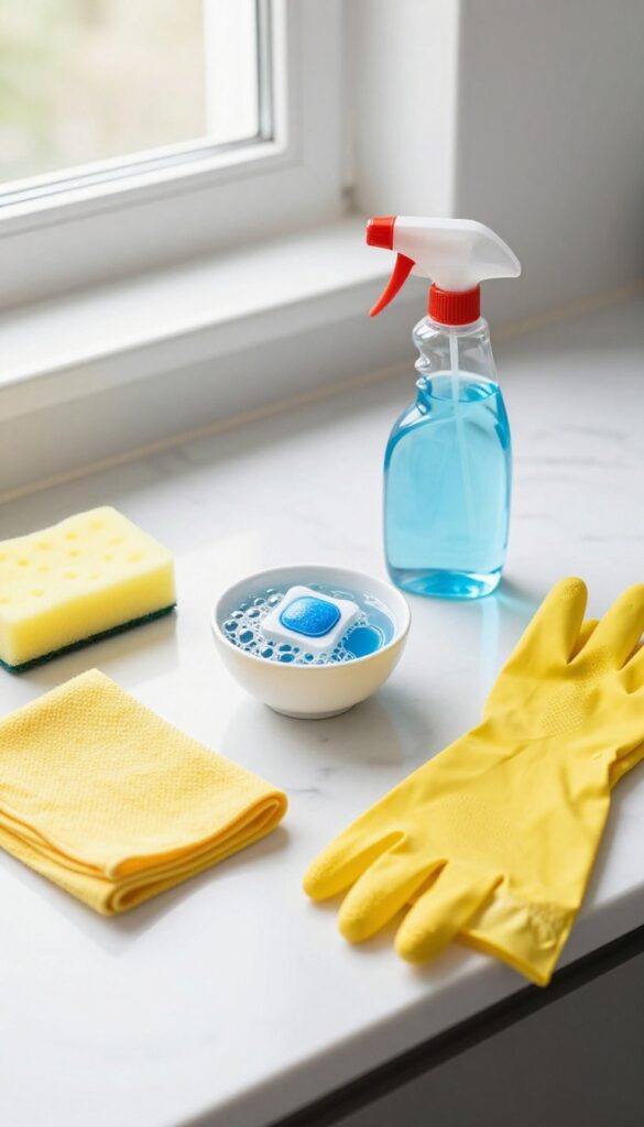 Flat lay of cleaning supplies including a dishwasher tablet dissolving in a bowl, spray bottle, sponge, cloth, and rubber gloves on a marble countertop.