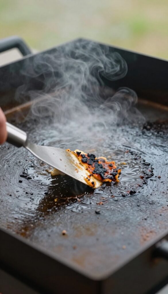 Steam rising from water on a hot Blackstone griddle while a scraper loosens burnt-on food residue.