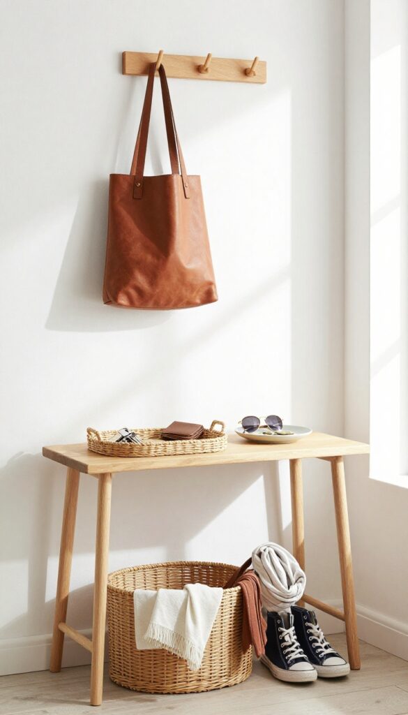 A tidy entryway drop zone with a tray for keys, a hook for bags, and a basket for shoes, bathed in natural light.