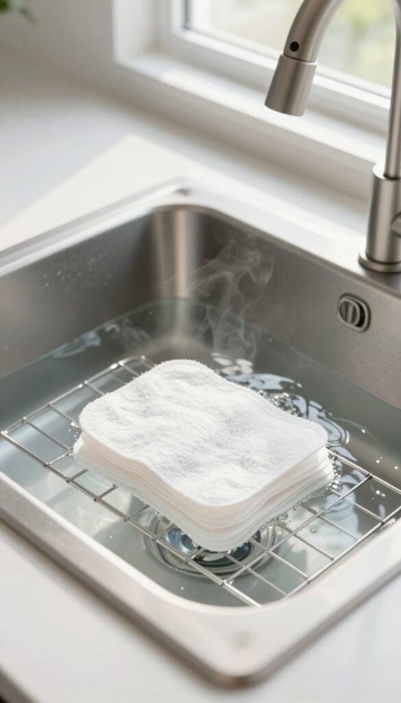 Oven racks soaking in hot water with dryer sheets to loosen baked-on grease