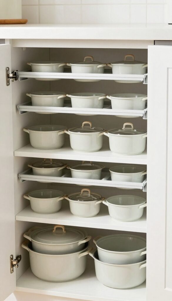 Vertical lid organizer in a kitchen cabinet holding pot lids upright