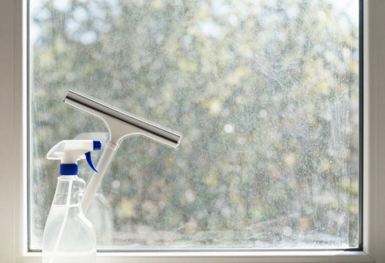 Sparkling clean window with squeegee and spray bottle, streak-free shine
