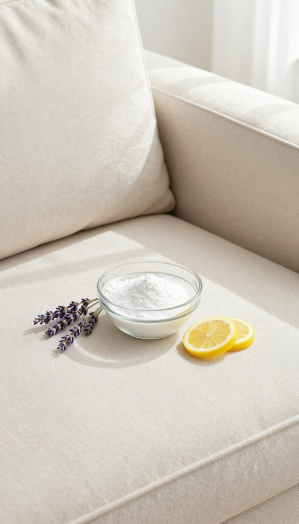 A bowl of baking soda with essential oils on a clean sofa, with lavender and lemon slices nearby, in bright natural light.