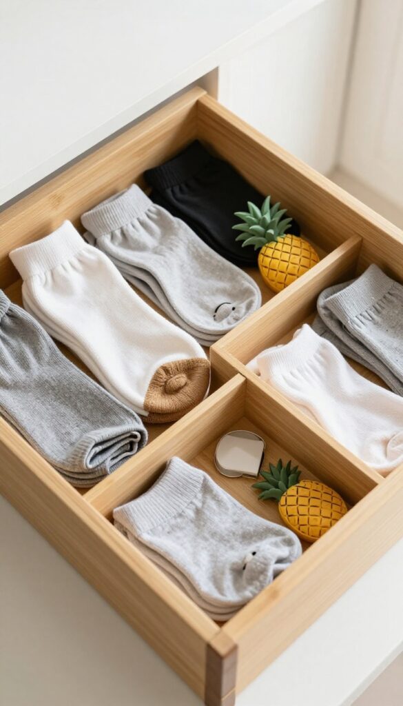 Organized drawer with bamboo dividers holding socks, accessories, and office supplies.