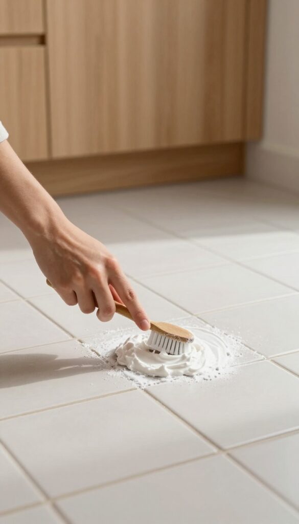 Hand scrubbing baking soda paste on grout lines with a toothbrush on a ceramic tile floor
