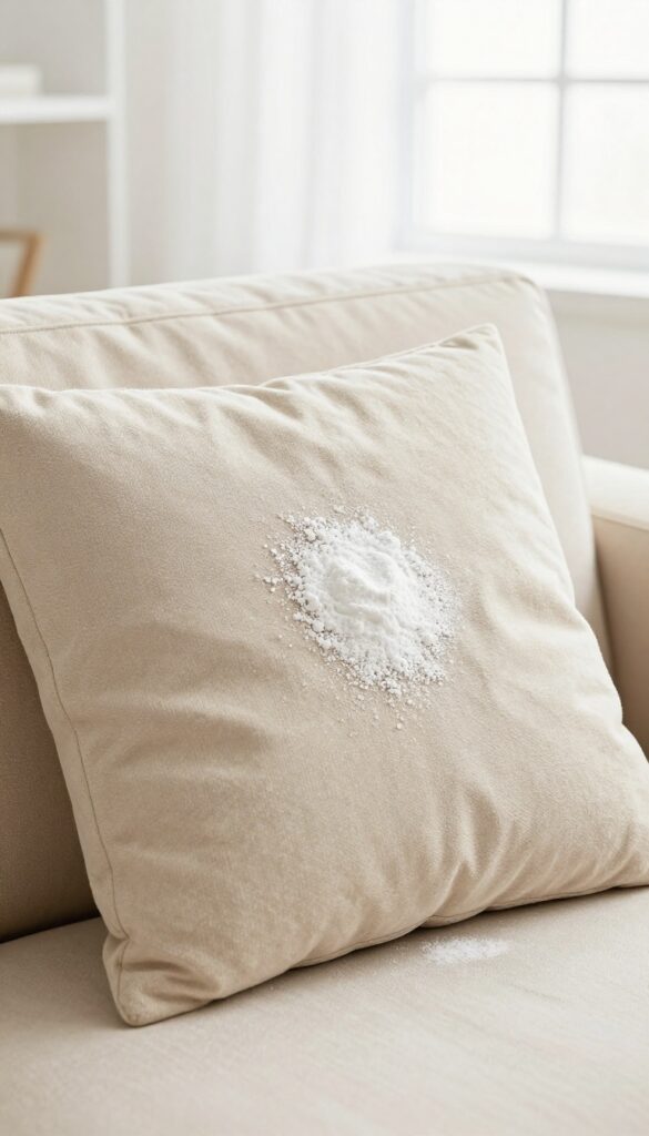 Sprinkling cornstarch on a grease stain on a microfiber sofa cushion