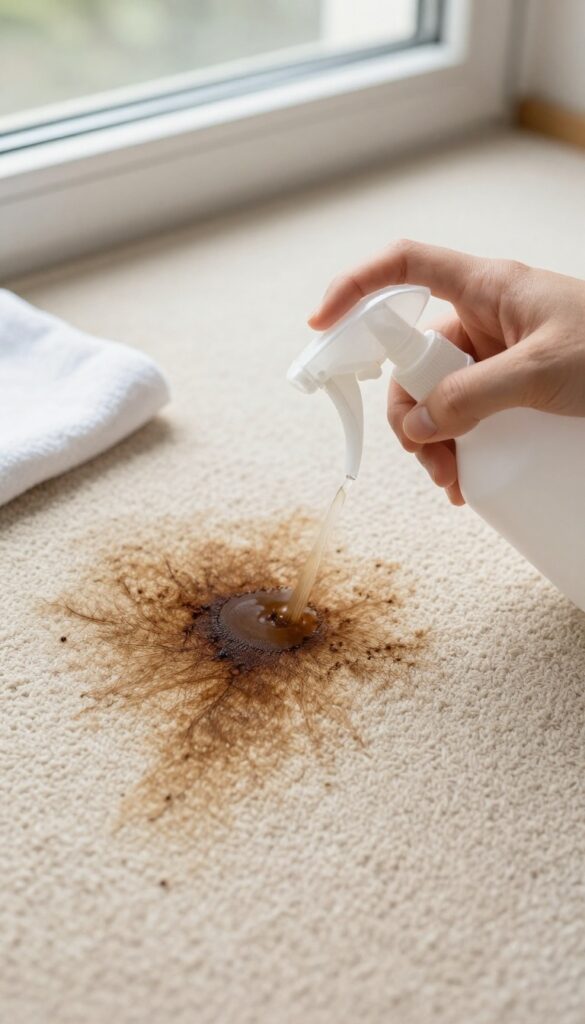 Applying OxiClean solution to a set-in coffee stain on a beige carpet
