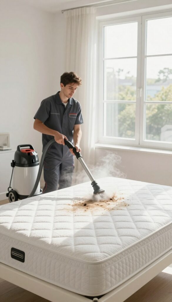 Professional mattress deep cleaning service using steam extraction in a bright bedroom