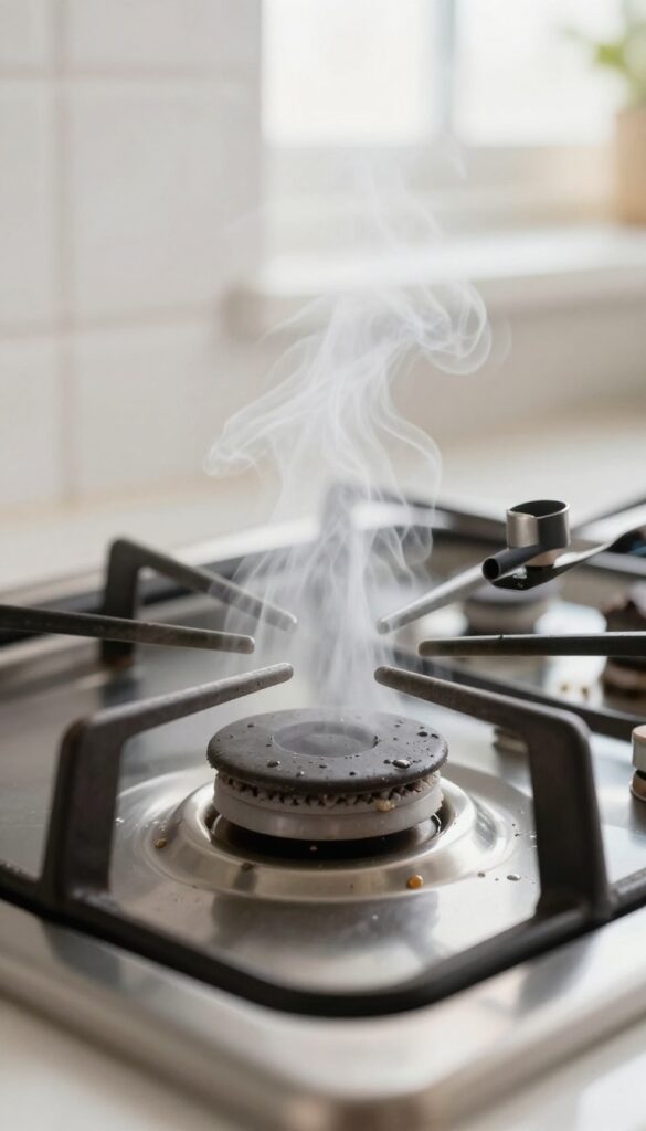 Gas stove grate being steam cleaned with a kettle in a bright kitchen