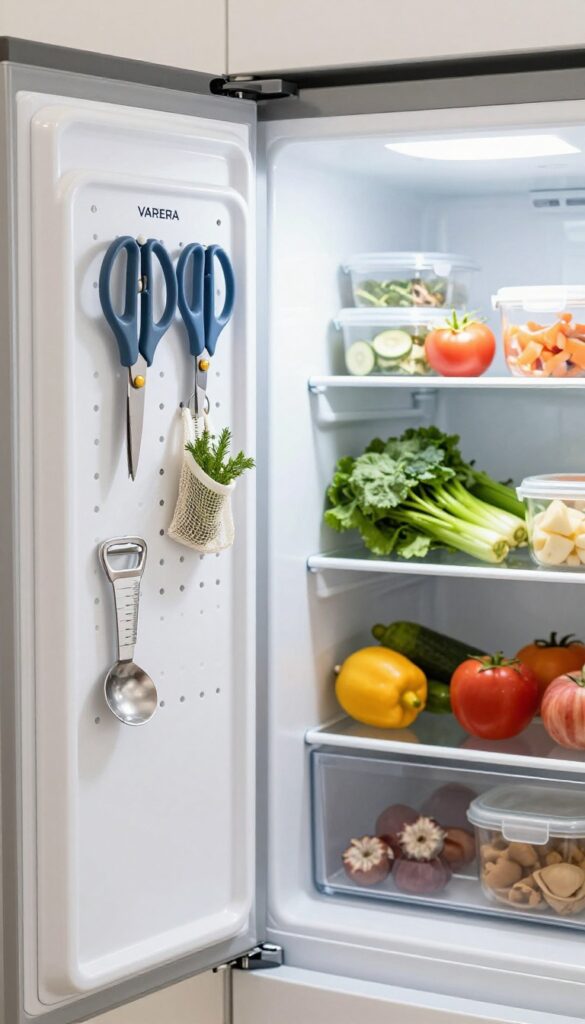 IKEA fridge organization with a small VARIERA pegboard on the fridge wall holding kitchen tools and herbs