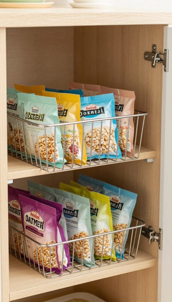 Under-shelf basket hanging below a pantry shelf, holding lightweight packets and tea bags.