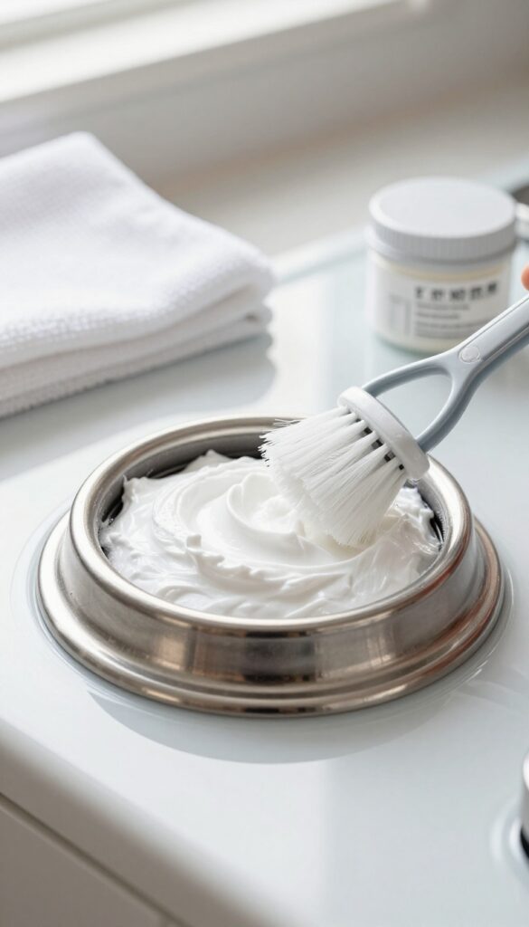 Soft brush and baking soda paste on a clean stove burner cap