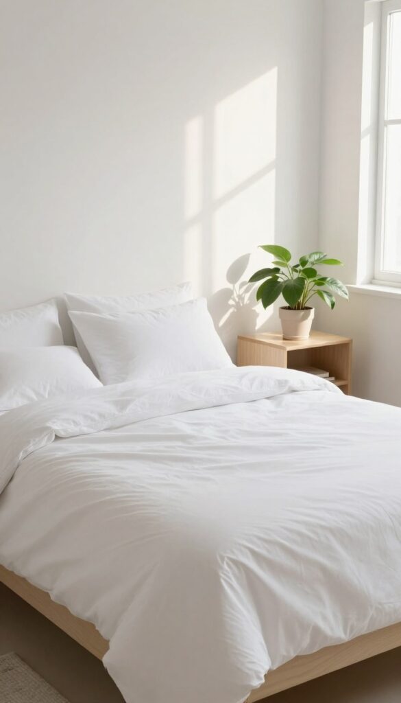 A beautifully made bed with fresh white linens in a sunlit, organized bedroom.