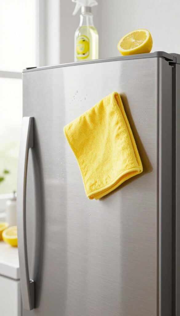 Cleaning stainless steel fridge with lemon juice solution, natural light, kitchen counter with lemon and spray bottle
