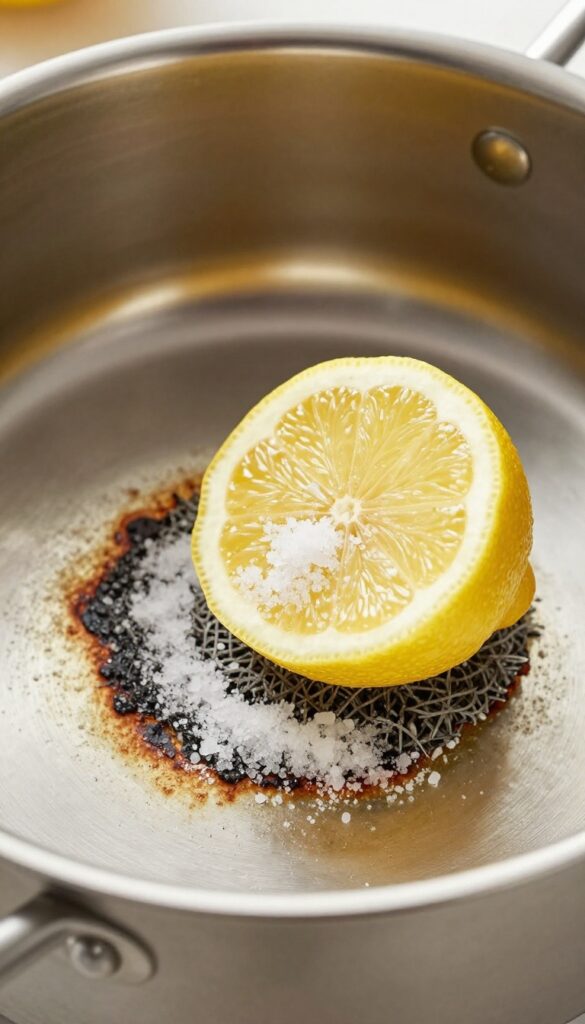 Scrubbing burnt pot bottom with lemon and salt