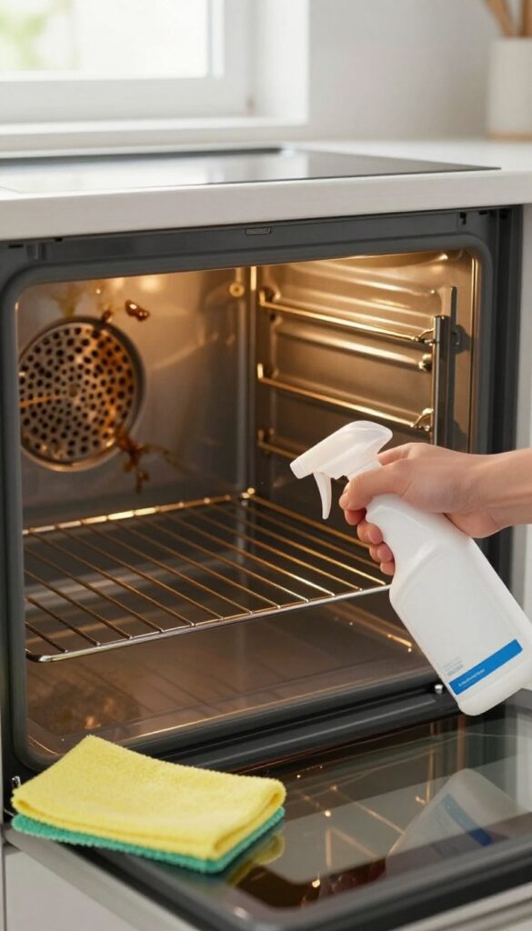 Commercial degreaser spray bottle aimed at baked-on grease inside an oven, with cleaning tools nearby in bright natural light.