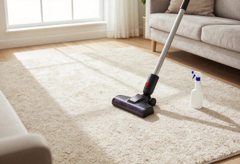 Clean beige carpet in a bright living room with a vacuum and cleaning spray bottle