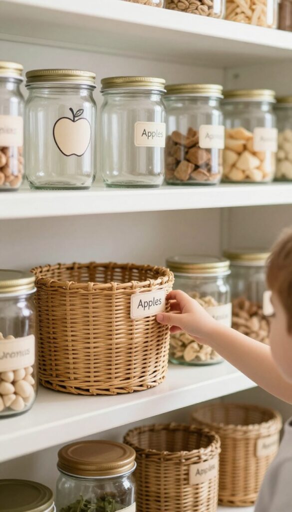 Pantry shelf with picture labels showing an apple icon, child reaching for bin