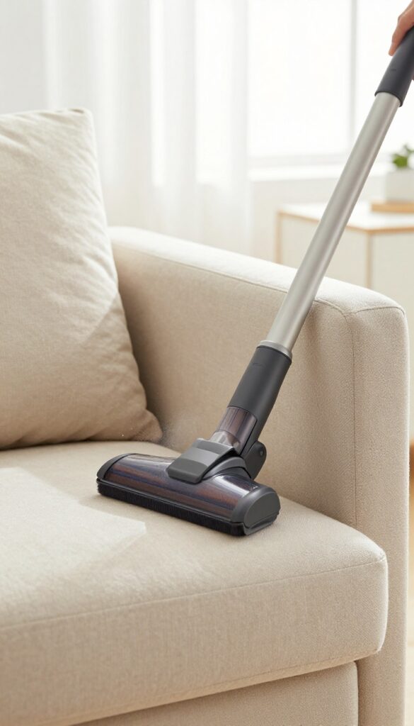Vacuuming upholstery chair with brush attachment in bright room