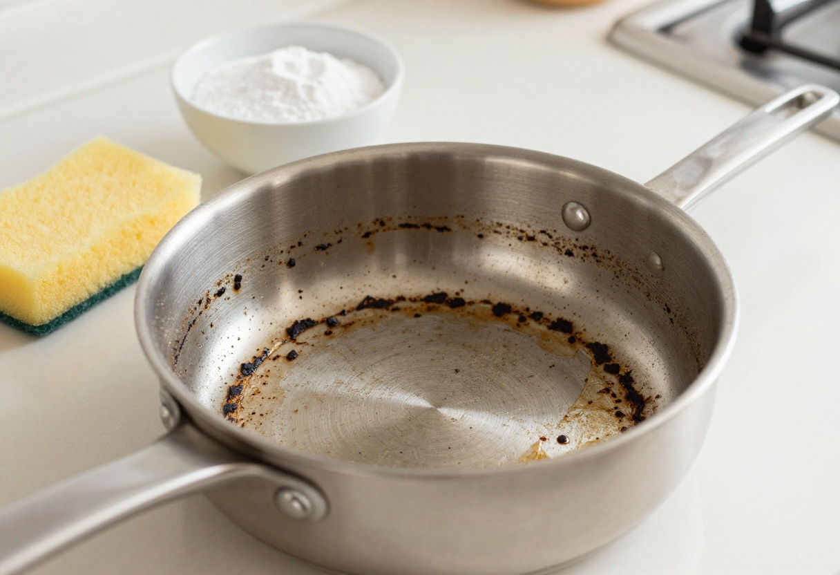 Burnt pan with baking soda and sponge on kitchen counter