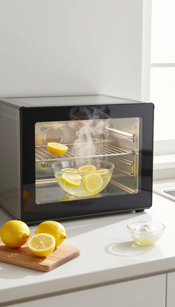 Oven interior with a bowl of lemon water steaming, lemons and baking soda paste on counter, bright natural light, clean kitchen.