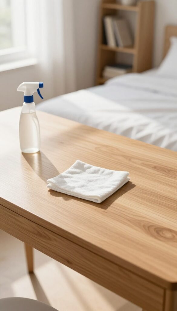 Clean desk with microfiber cloth and spray cleaner in bright bedroom