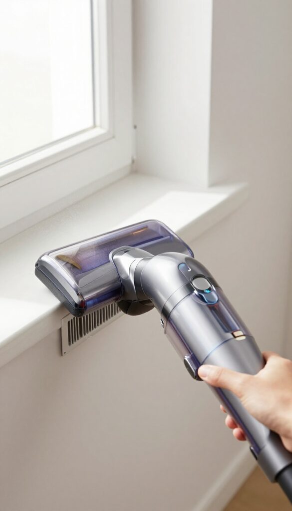Person using a HEPA filter vacuum to clean an air vent in a bright room