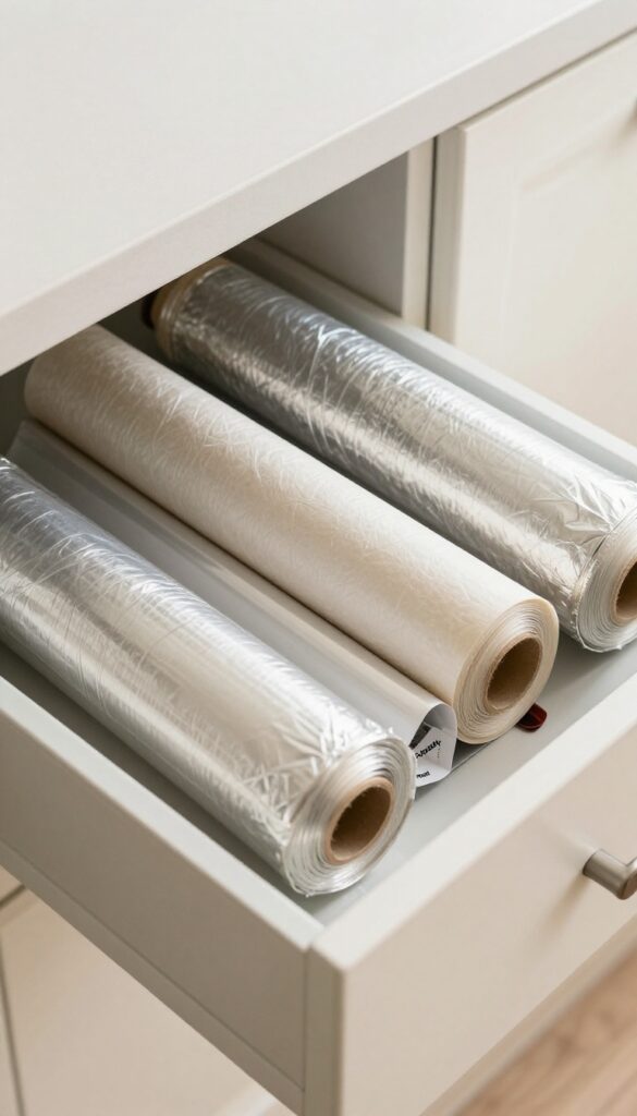 Organized kitchen drawer with labeled magazine files holding foil, plastic wrap, and parchment paper rolls