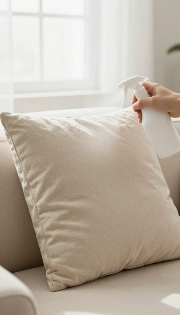Person misting a microfiber couch cushion with fabric softener spray to release wrinkles