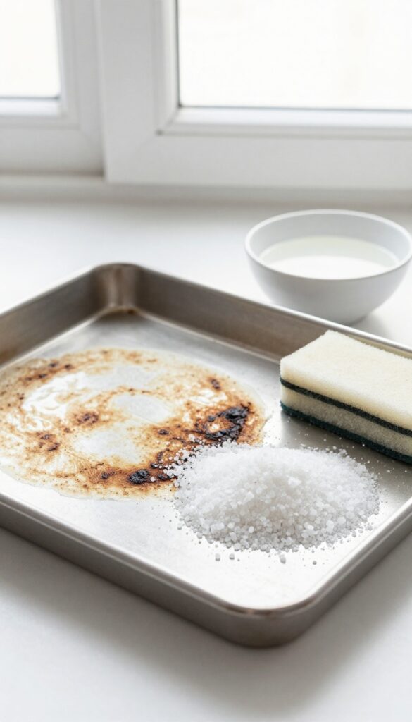 Salt and vinegar scrub on a baking sheet with burnt stains
