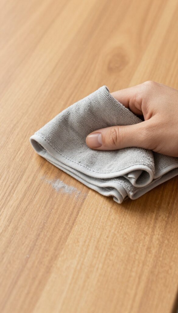 Hand wiping a wood table with a microfiber cloth, trapping dust, bright natural light