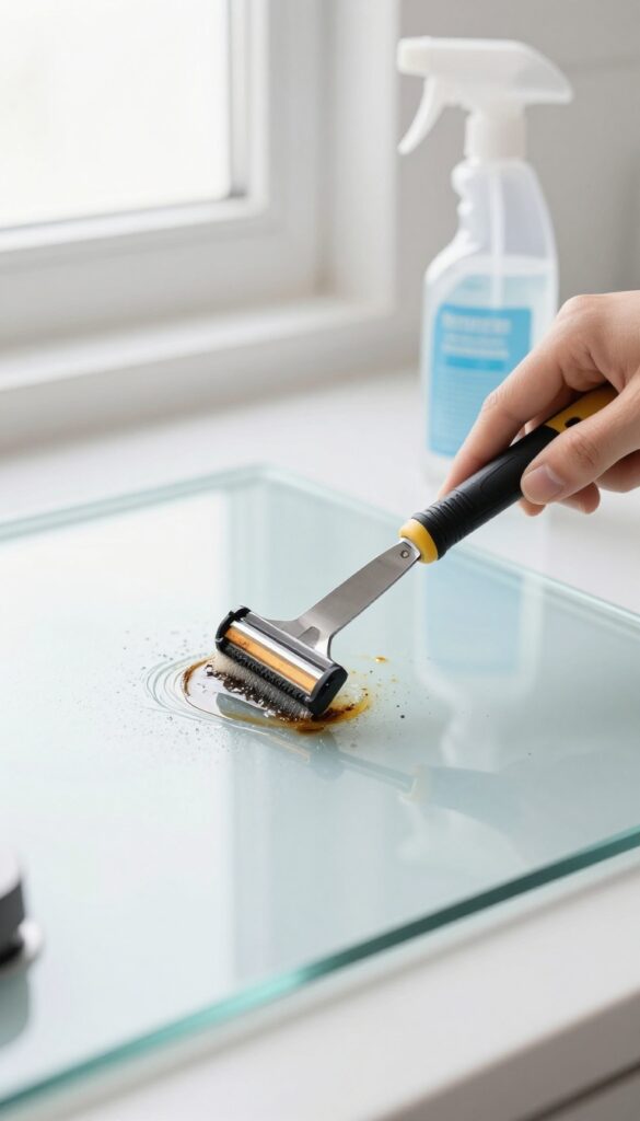 Cleaning a glass cooktop with a razor blade scraper to remove burnt-on food residue.