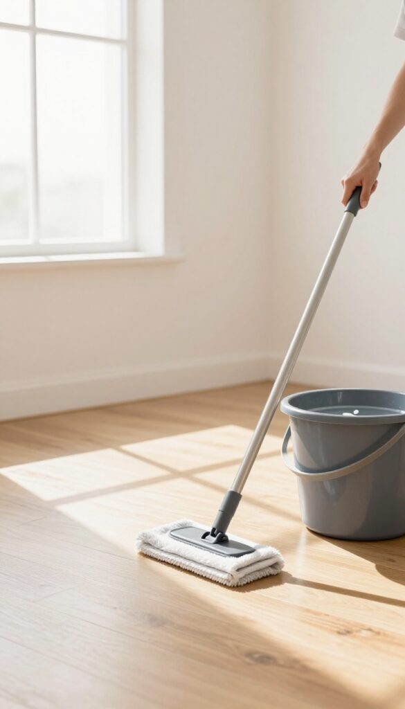 Person mopping a wooden floor with a damp mop and a bucket of warm water with dish soap.