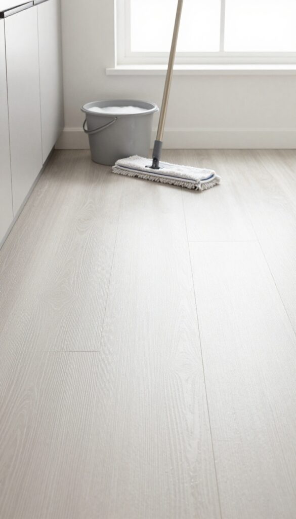 Clean vinyl floor with mop and bucket in bright kitchen