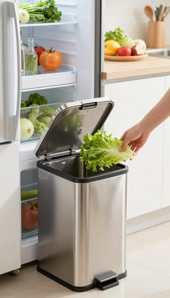 Small trash bin next to refrigerator for quick disposal of expired food