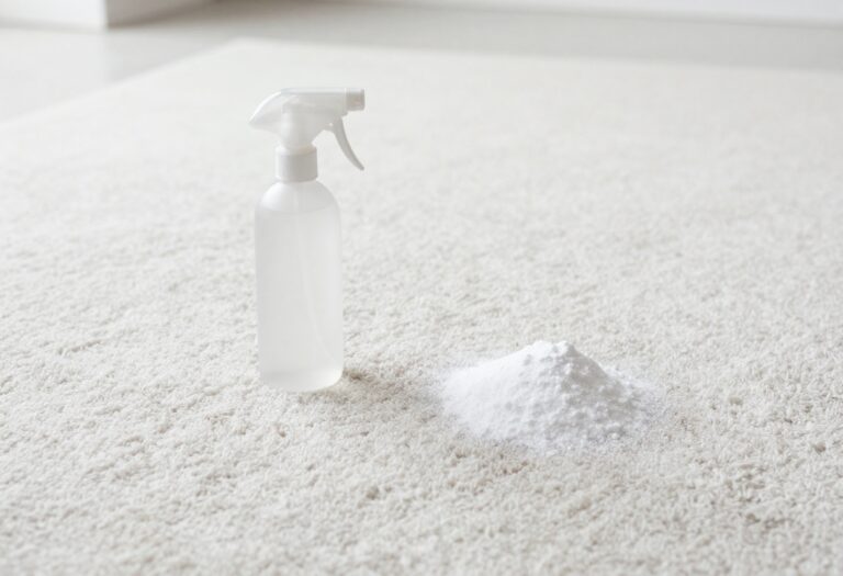 Clean carpet with cleaning supplies including spray bottle and baking soda