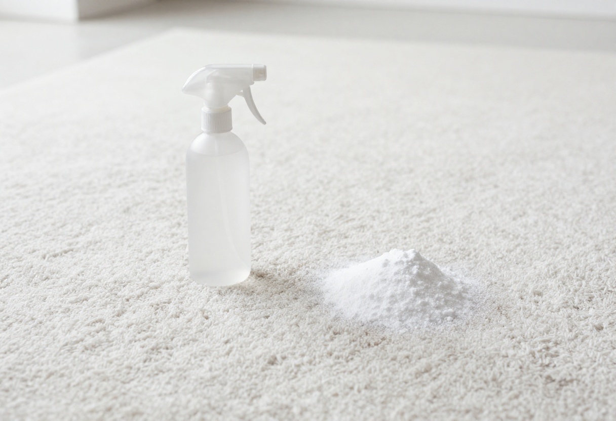 Clean carpet with cleaning supplies including spray bottle and baking soda