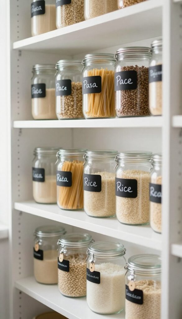 Organized pantry shelf with labeled glass jars and bins, chalkboard labels, clear containers, bright natural light, clean and tidy storage.