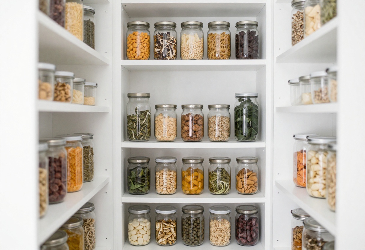 A well-organized pantry with clear containers, labels, and tiered shelving.