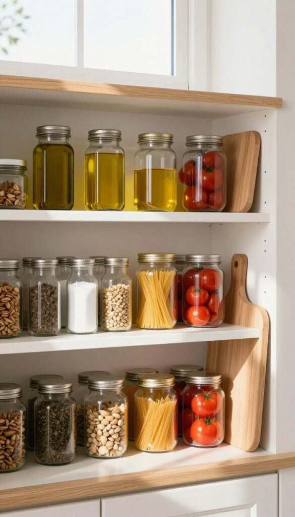 Open pantry shelving with frequently used cooking staples stored at eye level in glass containers, natural light, clean and organized.