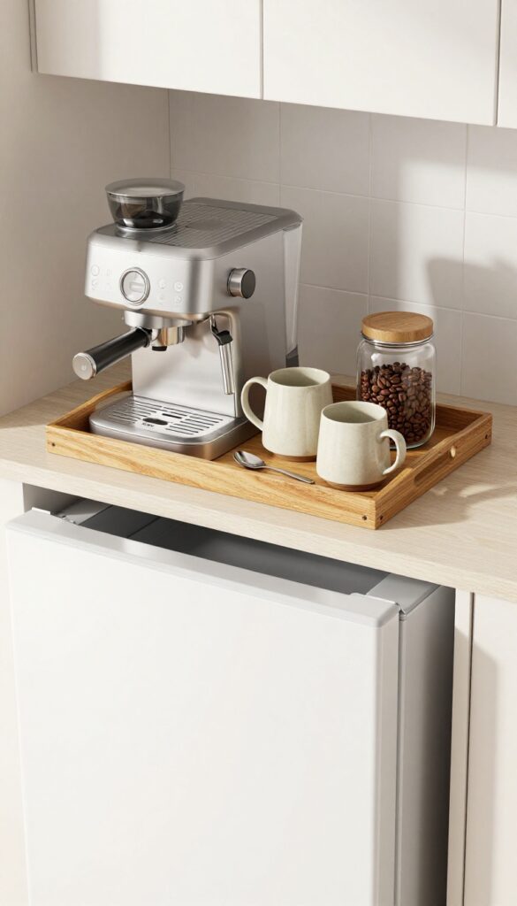 A coffee station on top of a refrigerator with a wooden tray, espresso machine, kettle, mugs, and supplies in a bright kitchen.