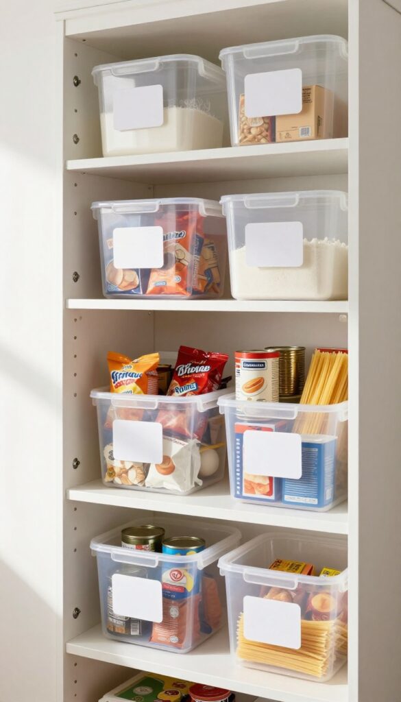 Clear bins grouped by category in a tall pantry, with labels for snacks, baking, canned goods, and pasta.