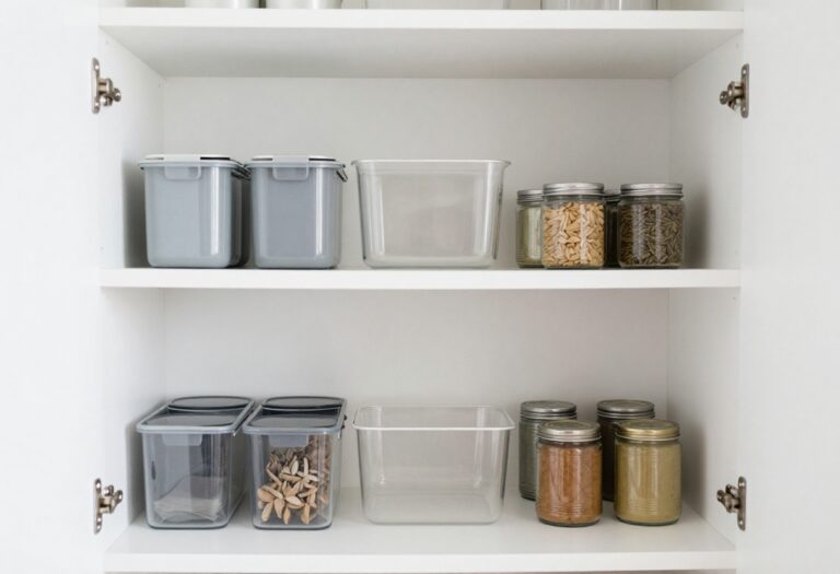 Organized small apartment pantry with clear containers and over-the-door storage