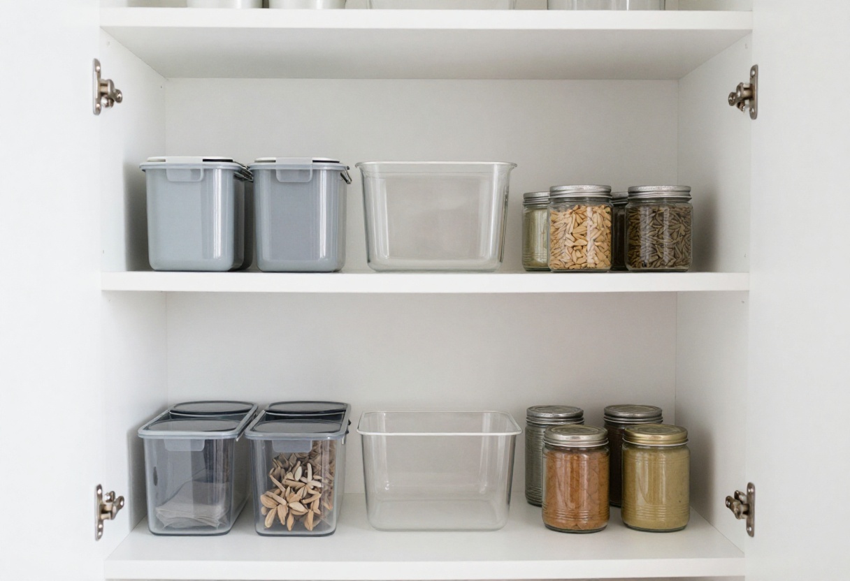 Organized small apartment pantry with clear containers and over-the-door storage
