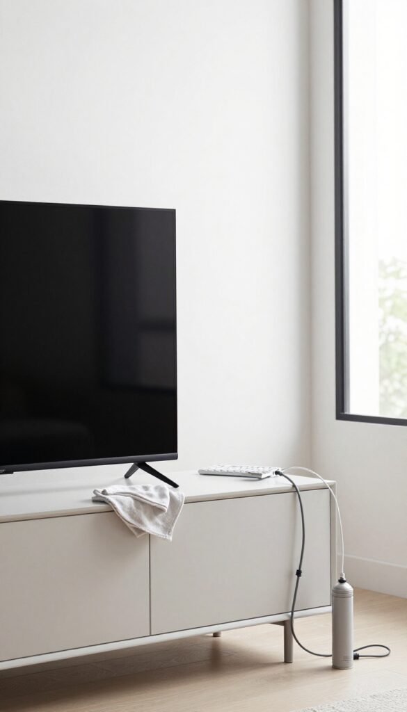 Clean living room electronics and organized cords on a TV console