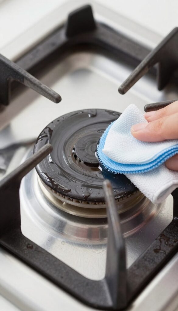 Cleaning stove burner base with rubbing alcohol, removing grease and grime