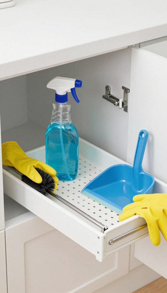 Pull-out pegboard under kitchen sink holding spray bottle, brush, gloves, and dustpan
