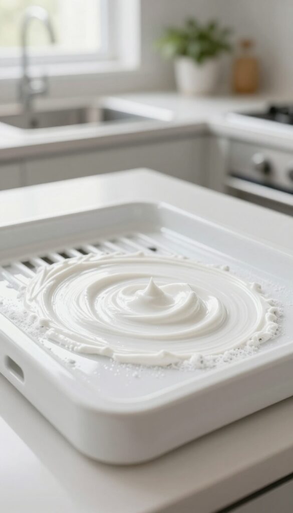 Stove grate covered in hydrogen peroxide and baking soda paste for cleaning