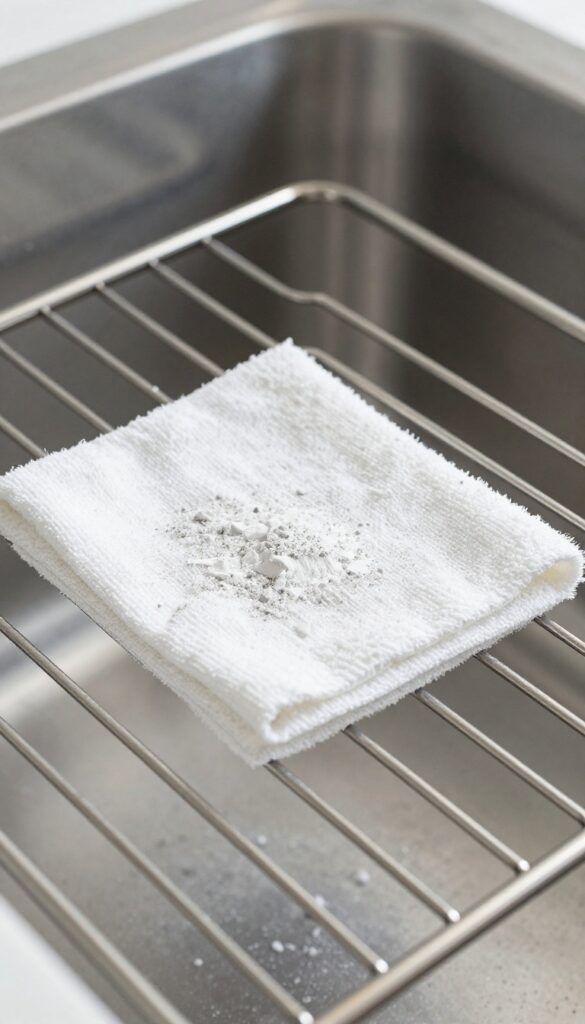 Oven rack being wiped with a damp cloth after self-cleaning cycle, ash turning to clean metal
