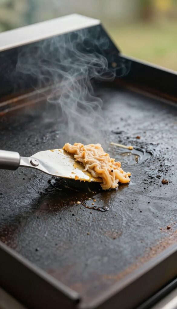 Scraping a warm Blackstone griddle with a metal scraper to remove food residue easily